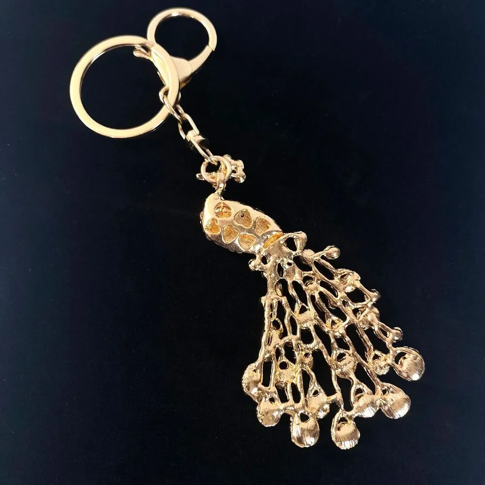 Peacock Rhinestone Charm Keychain Key Holder Multicolor Gold Tone Metal New